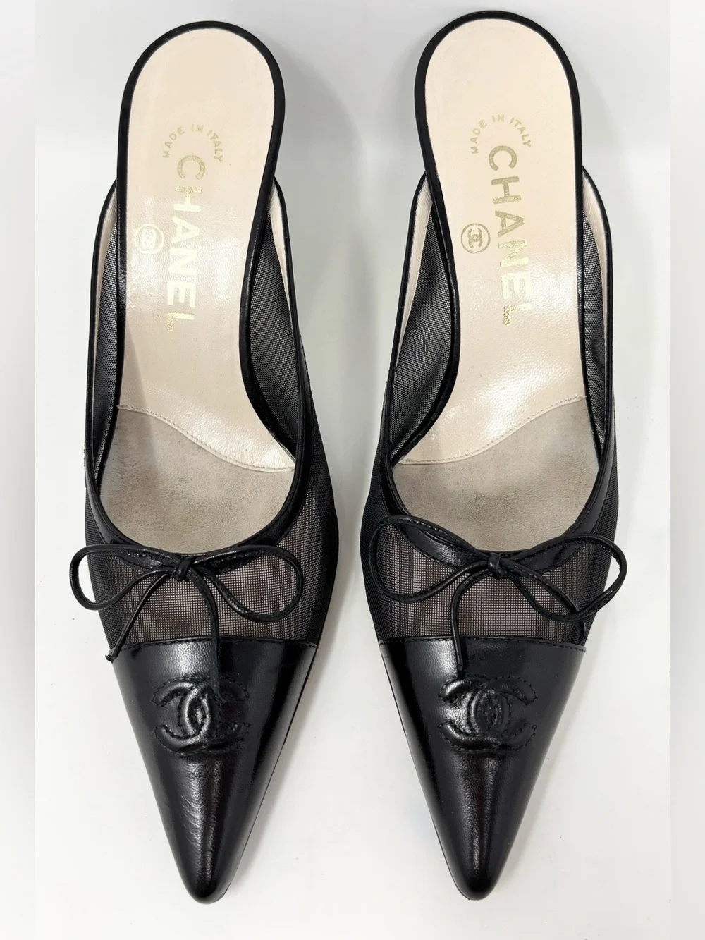 Chanel Black Mesh CC Bow Mules Heels Size 37 US 7 Vintage Y2K 90s
